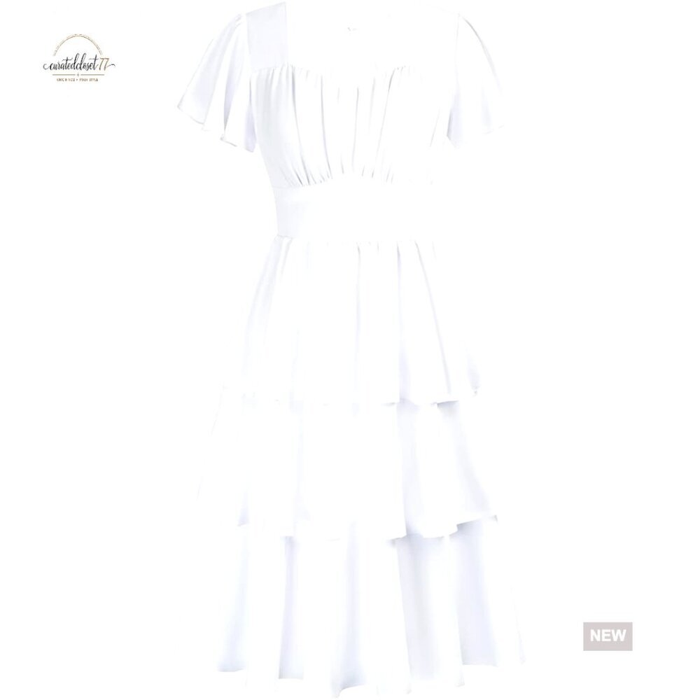 Vintage Square Neck Midi Dress Tiered Ruffle A-line Swing Cocktail